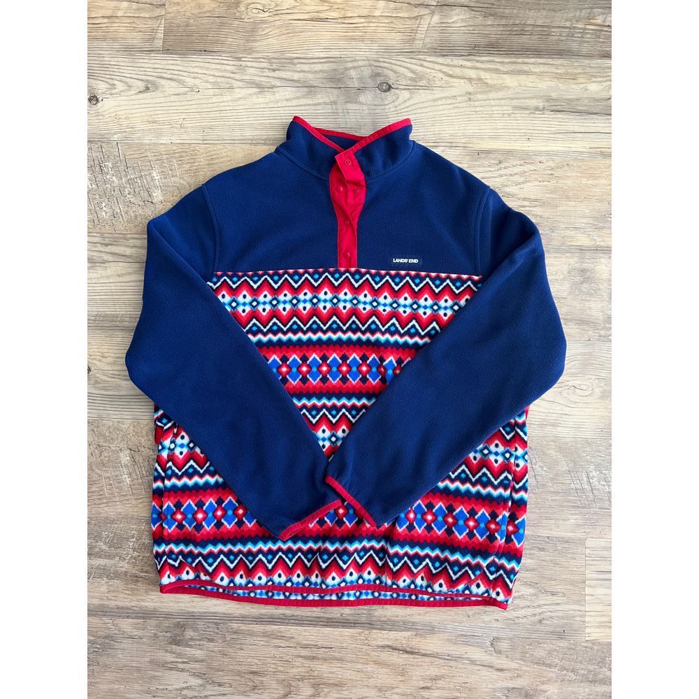 Lands End Women's Heritage Fleece Snap Neck Pullover Size XL/18 Red Navy Chevron